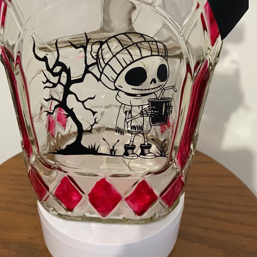 Handcrafted Caffeinated Skeleton stained glass jug lantern